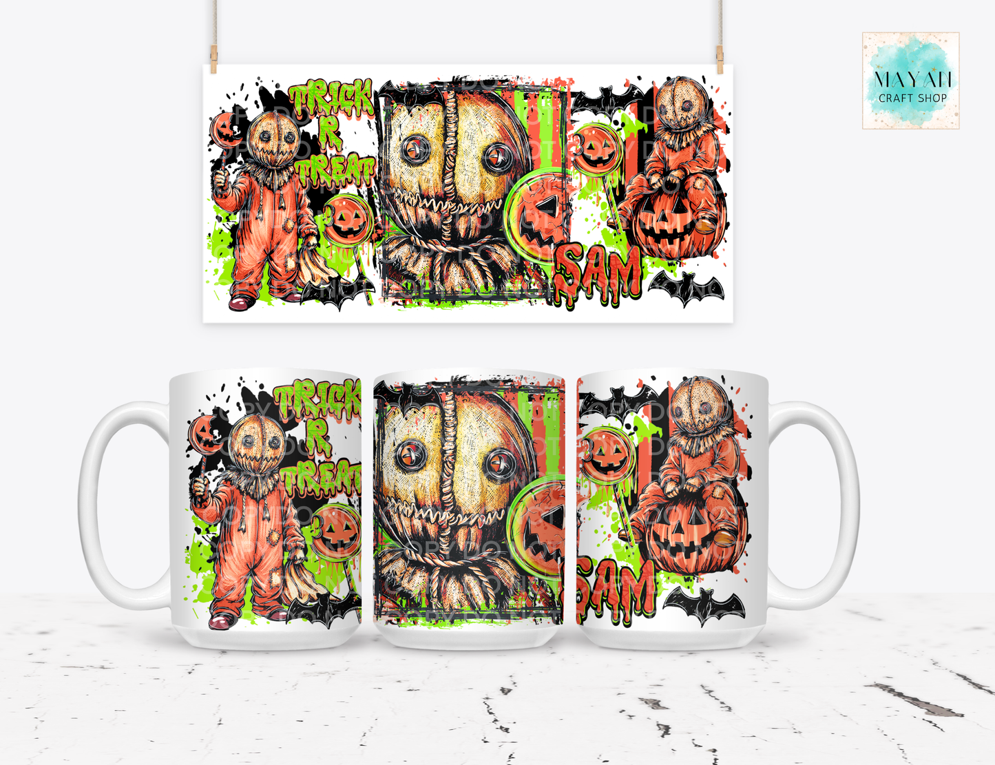 Three white ceramic mugs shown from different angles with a matching rectangular print above them, featuring a Halloween-themed graphic with a stitched scarecrow face, pumpkins, orange text, and splatter details on a light gray background.