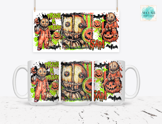 Three white ceramic mugs shown from different angles with a matching rectangular print above them, featuring a Halloween-themed graphic with a stitched scarecrow face, pumpkins, orange text, and splatter details on a light gray background.