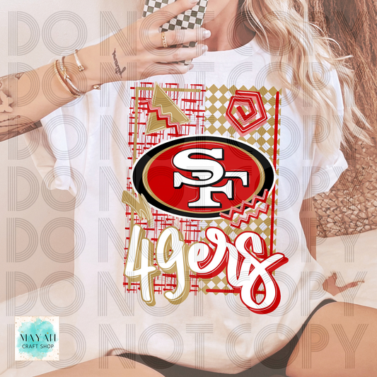 A woman wearing a white graphic T-shirt featuring San Francisco football logo and decorative red, gold, and black patterns. The photo includes a visible 'MAYAN CRAFT SHOP' watermark and a repeated 'DO NOT COPY' overlay.