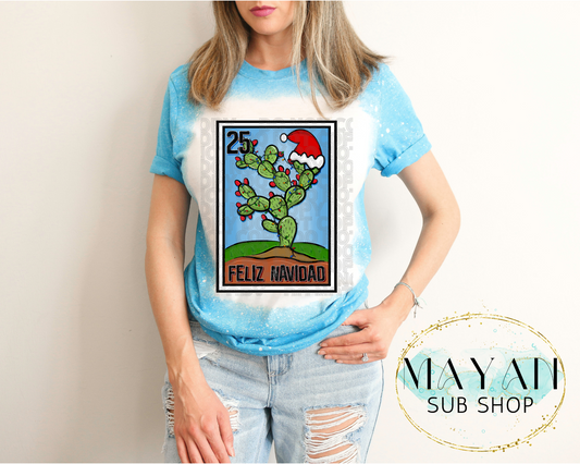 Feliz Navidad loteria in heather sapphire bleached shirt. -Mayan Sub Shop