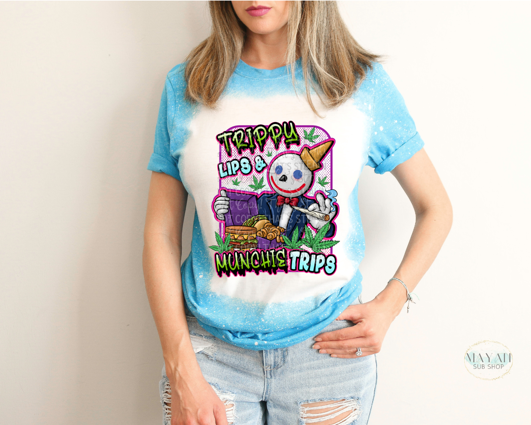 Trippy lips munchie trips bleached tee. -Mayan Sub Shop