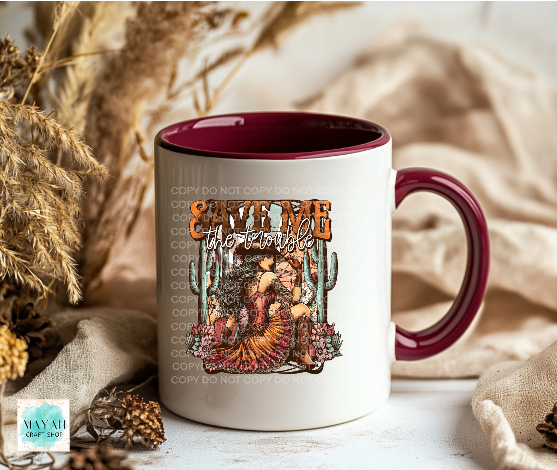 Mug with colorful design featuring people and cacti on a neutral background