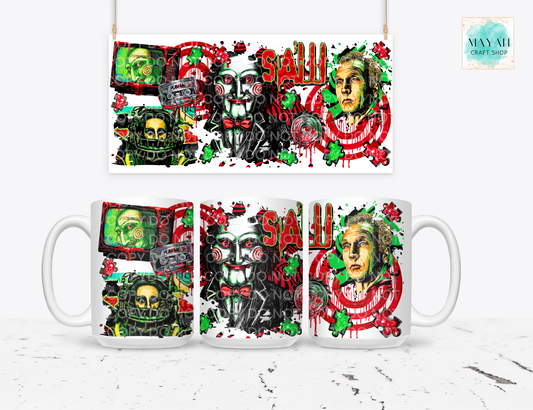 A white ceramic mug shown from three angles with a matching rectangular print above it, featuring a horror-themed collage with a word in red, green splatter, skulls, and illustrated faces. The mug is displayed on a light gray surface against a white background.