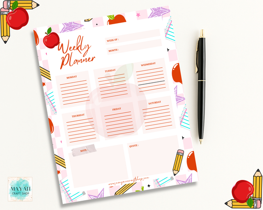 Weekly planner sheet with colorful design on a white background
