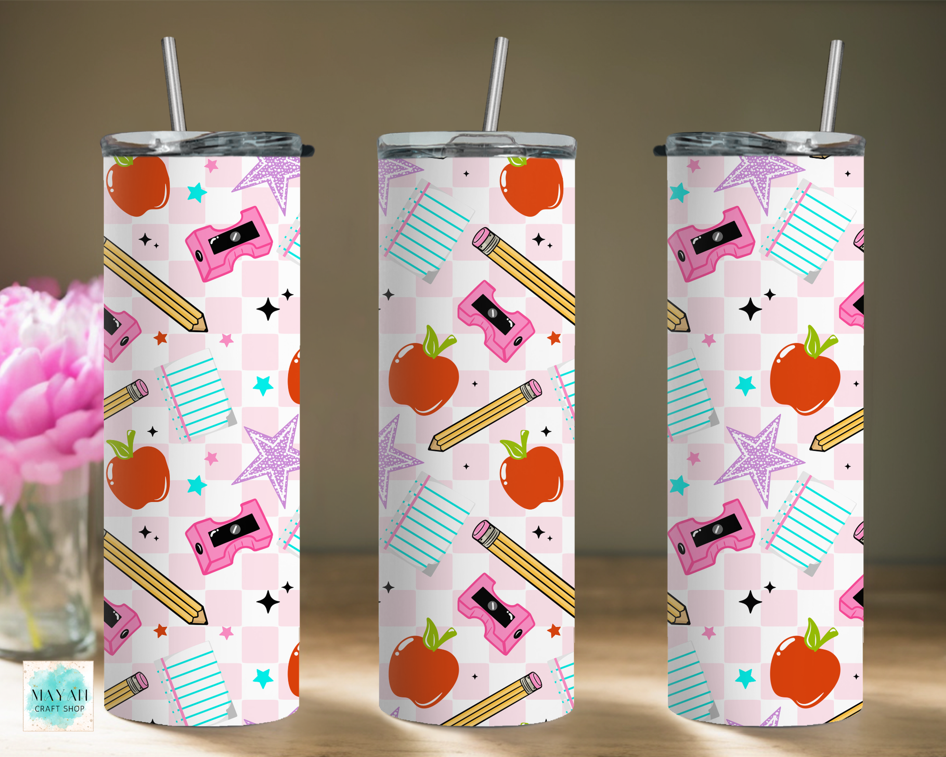 School apple checker tumbler.