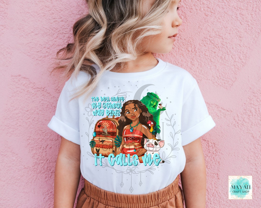 A child wearing a white graphic t-shirt featuring a princess, posed against a textured pink wall.