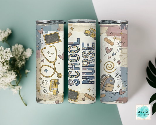 Three tumblers with 'School Nurse' design on a light blue and white background.