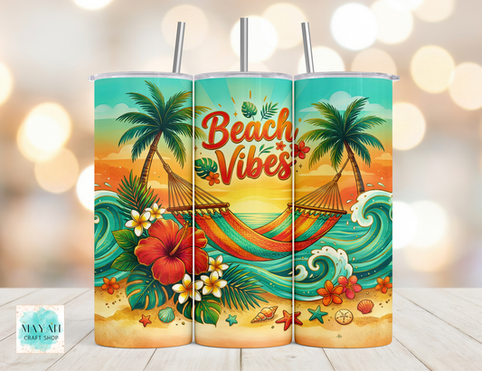 Three colorful tumblers with 'Beach Vibes' design featuring palm trees, flowers, and a hammock.