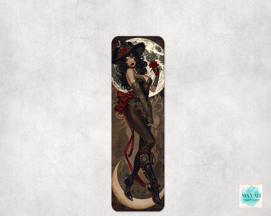 Decorative phone case with a stylized woman in a top hat and boots on a textured gray background