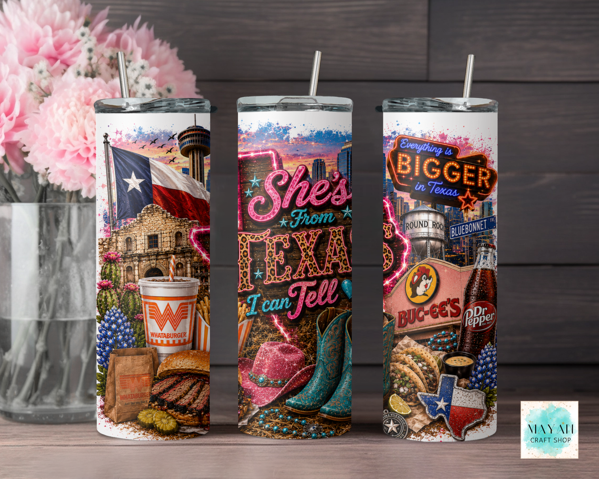 Three tumbler designs with Texas-themed graphics on a wooden surface.