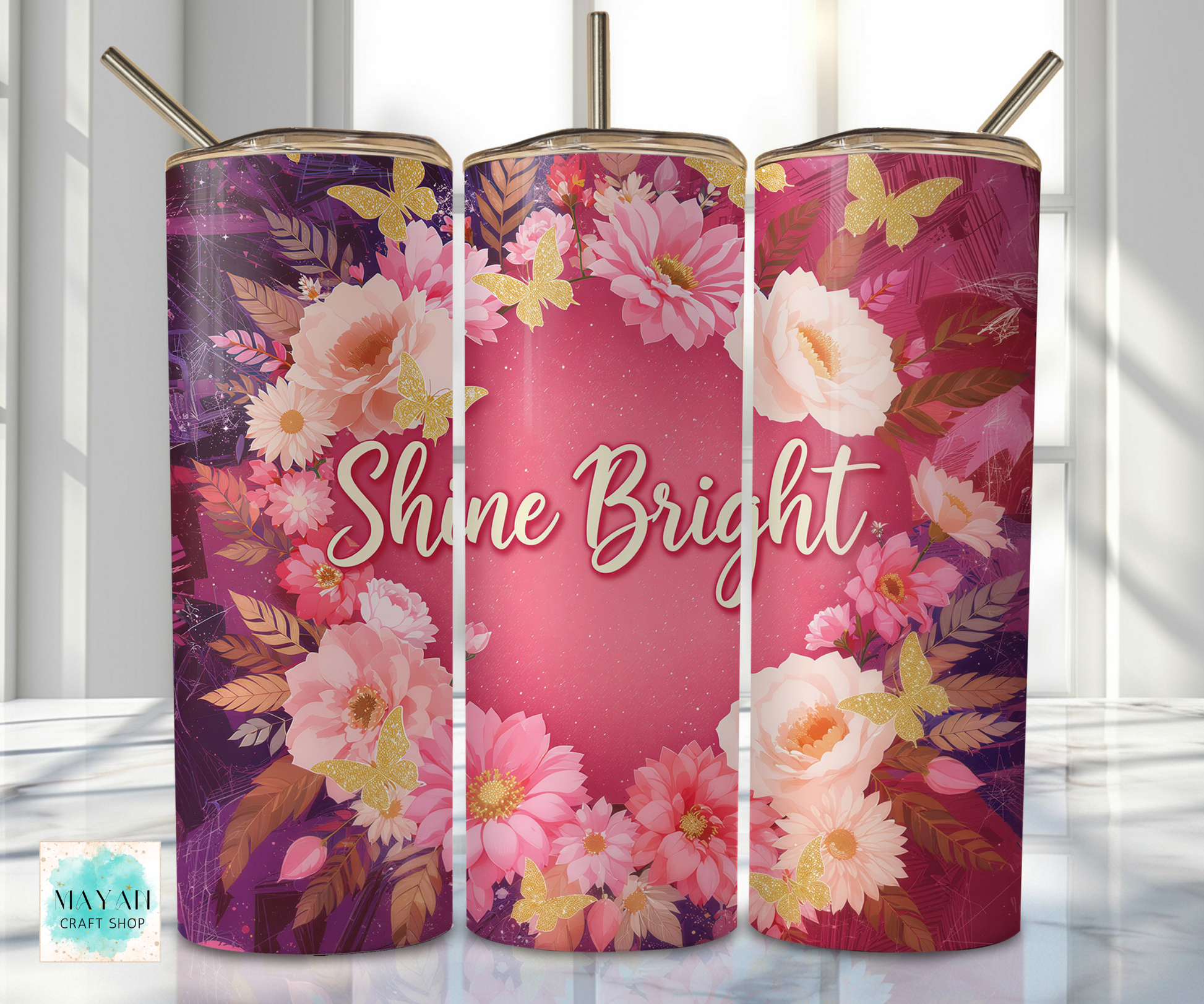 Three floral tumblers with 'Shine Bright' text on a white background