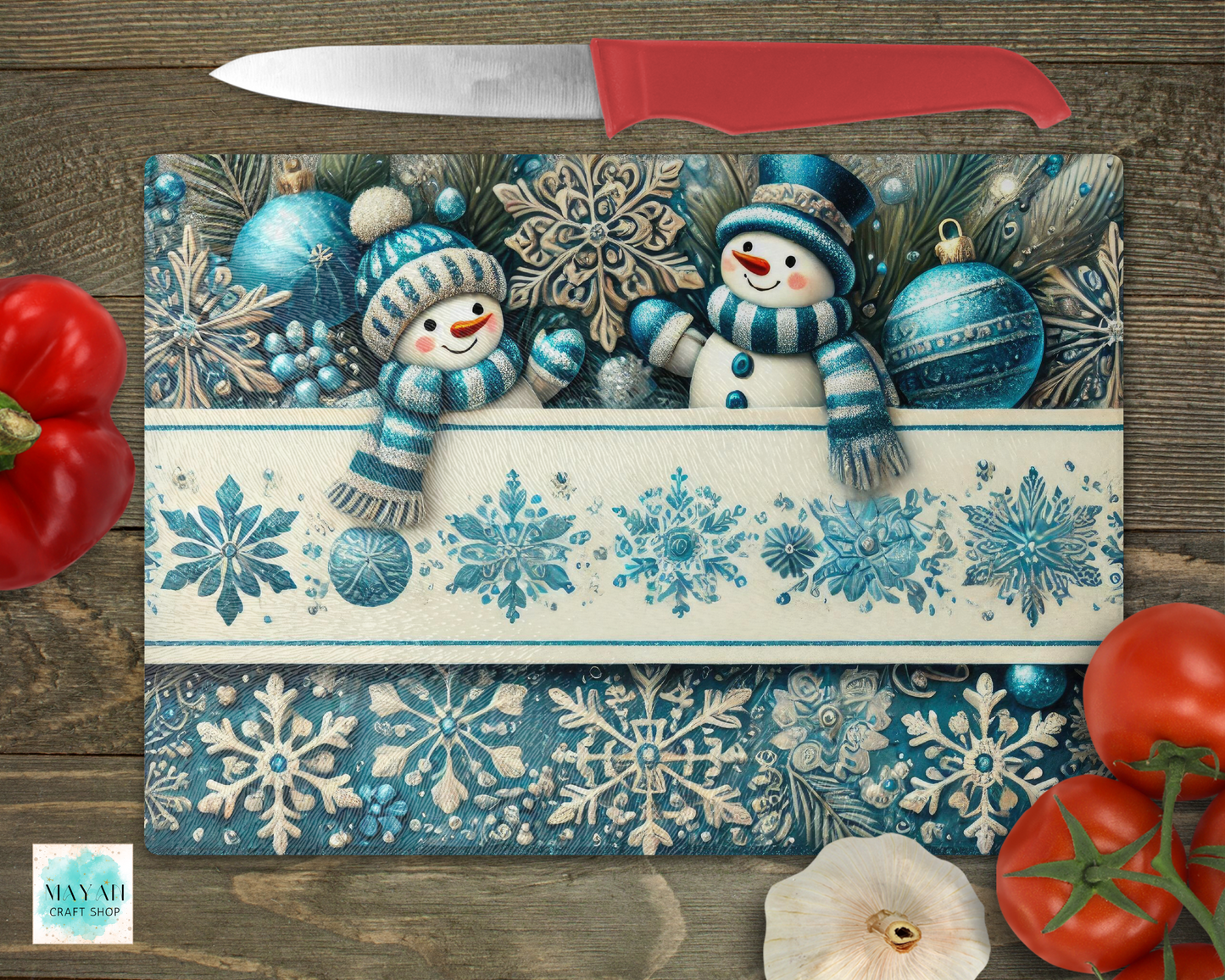 Snowmen cutting board. -Mayan Craft Shop