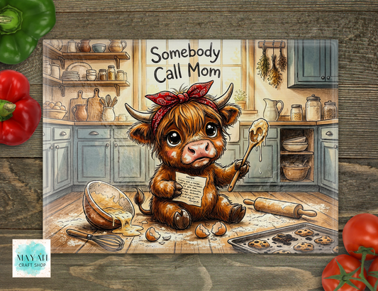 Illustration of a cow in a kitchen with baking tools and text 'Somebody Call Mom'.