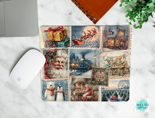 Decorative mouse pad with vintage-style Christmas design on a marble surface.