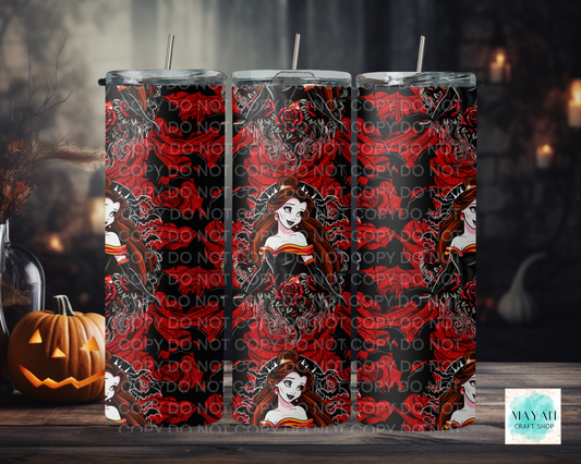 Three Halloween-themed tumblers with a design of a woman reading a book surrounded by roses on a dark background.