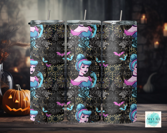 Three tumbler cups with Halloween-themed designs featuring a character with blue hair and pink accents, surrounded spider webs. The background is dark.