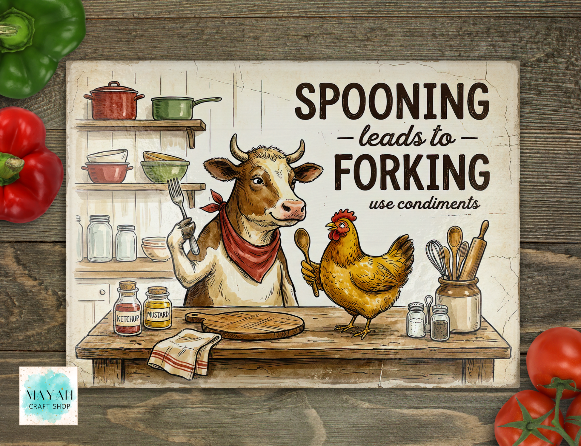 Cartoon cow and chicken in a kitchen setting with text 'Spoon leads to Forking use condiments' on a rustic wooden background.
