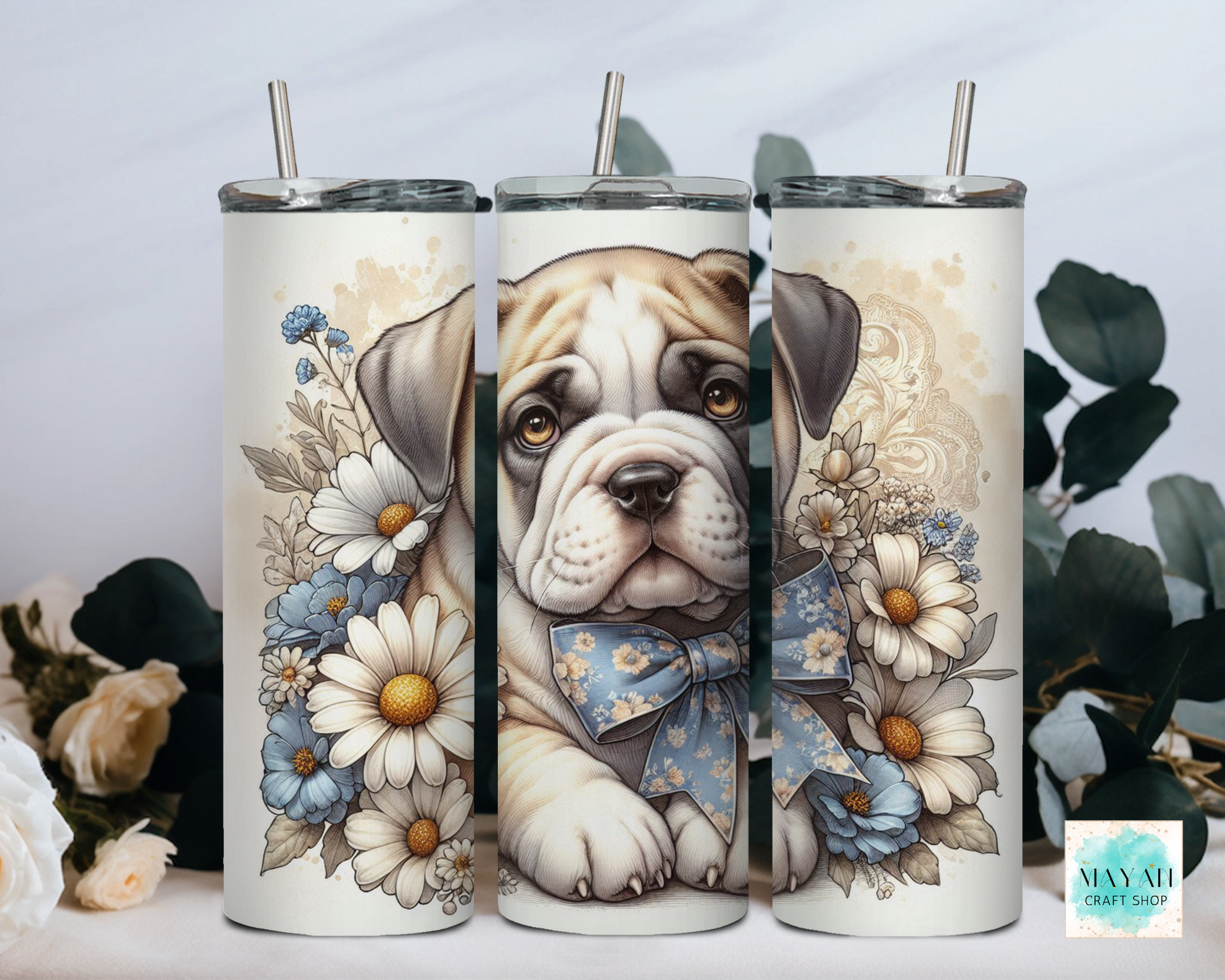 Spring bulldog tumbler. -Mayan Craft Shop