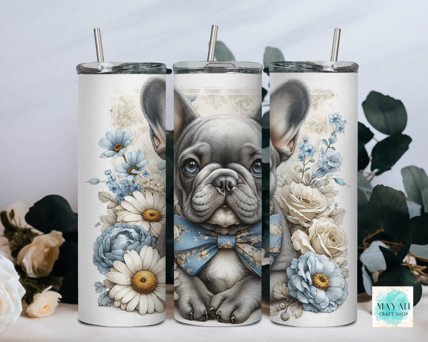 Spring French dog tumbler. -Mayan Craft Shop