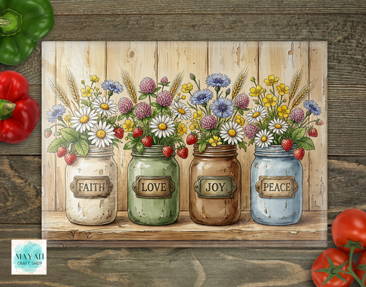 Four jars with floral arrangements labeled 'Faith', 'Love', 'Joy', and 'Peace' on a wooden background.
