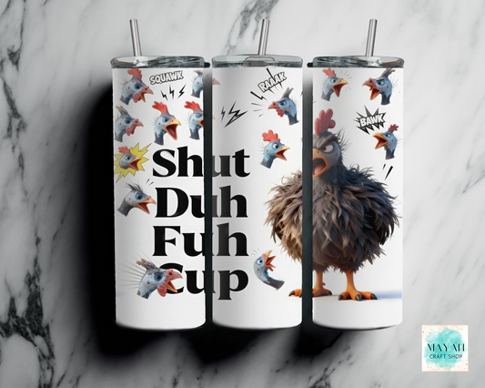 Three tumblers with a rooster design and text on a marble background