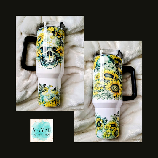 Sunflower skulls tumbler with handle. -Mayan Craft Shop