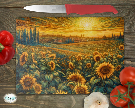 Sunflower field cutting board. -Mayan Sub Shop