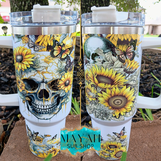 Sunflower skulls tumbler with handle - Mayan Sub Shop