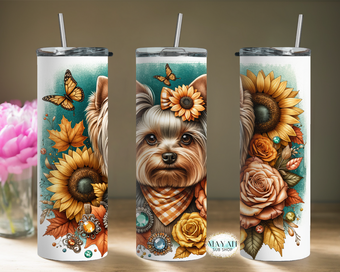 sunflower yorkie tumbler. -Mayan Sub Shop