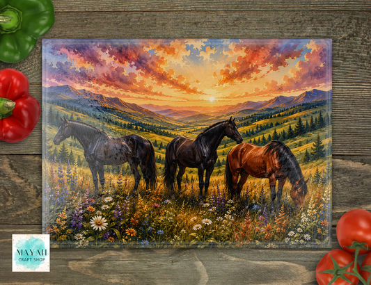 Cutting board with a horse scene on a wooden surface