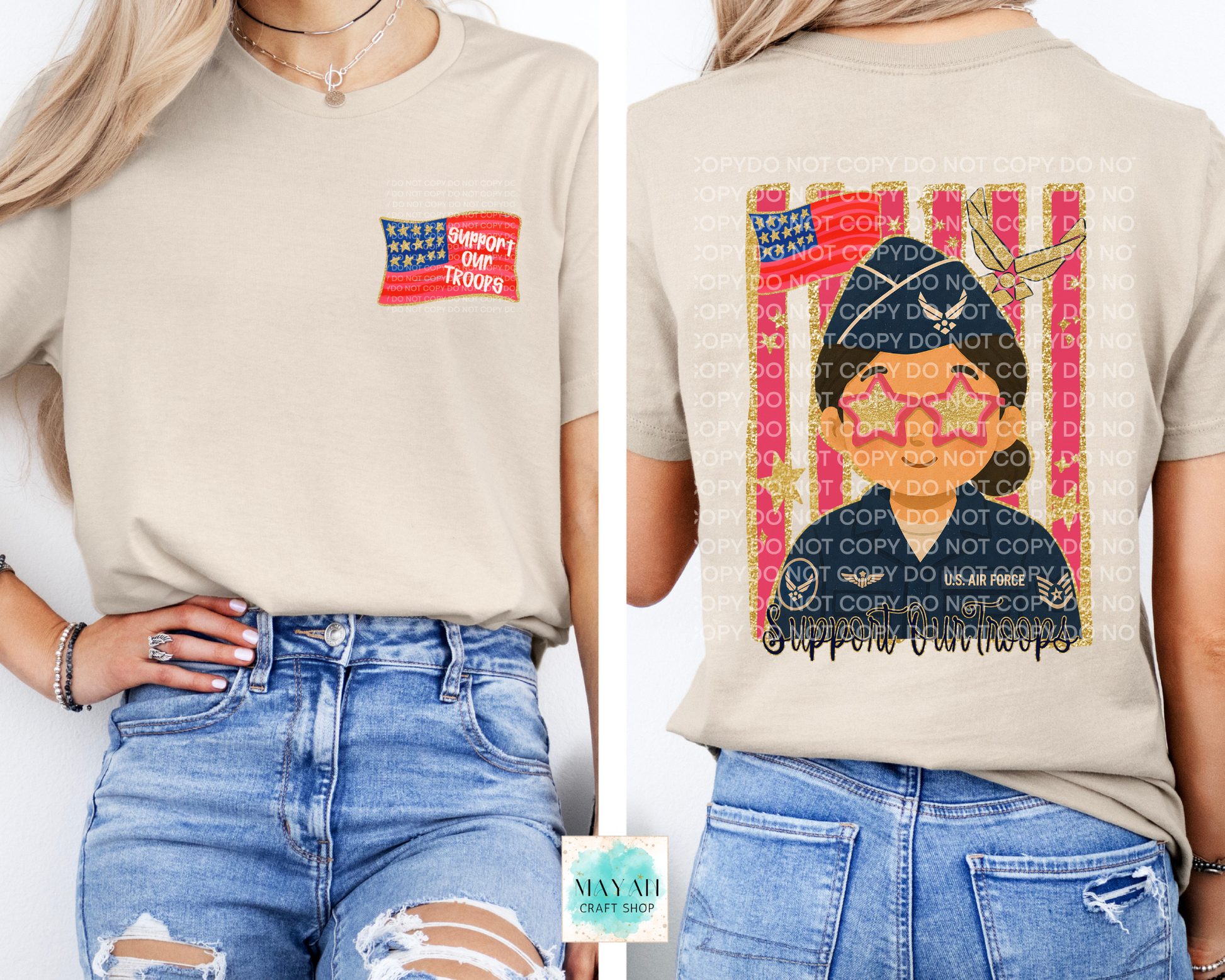Two views of a person wearing a beige t-shirt with a colorful graphic design on a plain background.