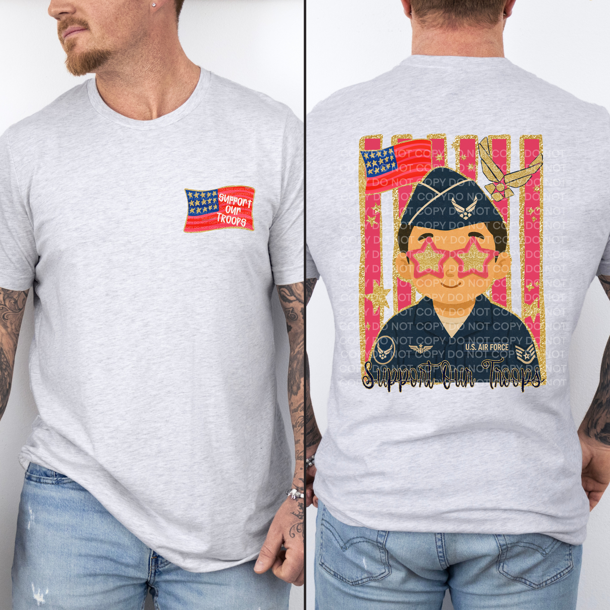 A light gray heather t-shirt shown on a model from both the front and back. The front features a small patriotic graphic on the left chest with a US flag and the text 'Support Our Troops'.