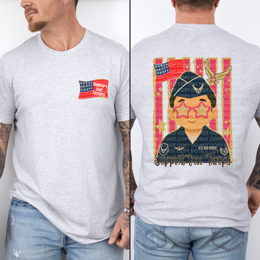 A light gray heather t-shirt shown on a model from both the front and back. The front features a small patriotic graphic on the left chest with a US flag and the text 'Support Our Troops'.