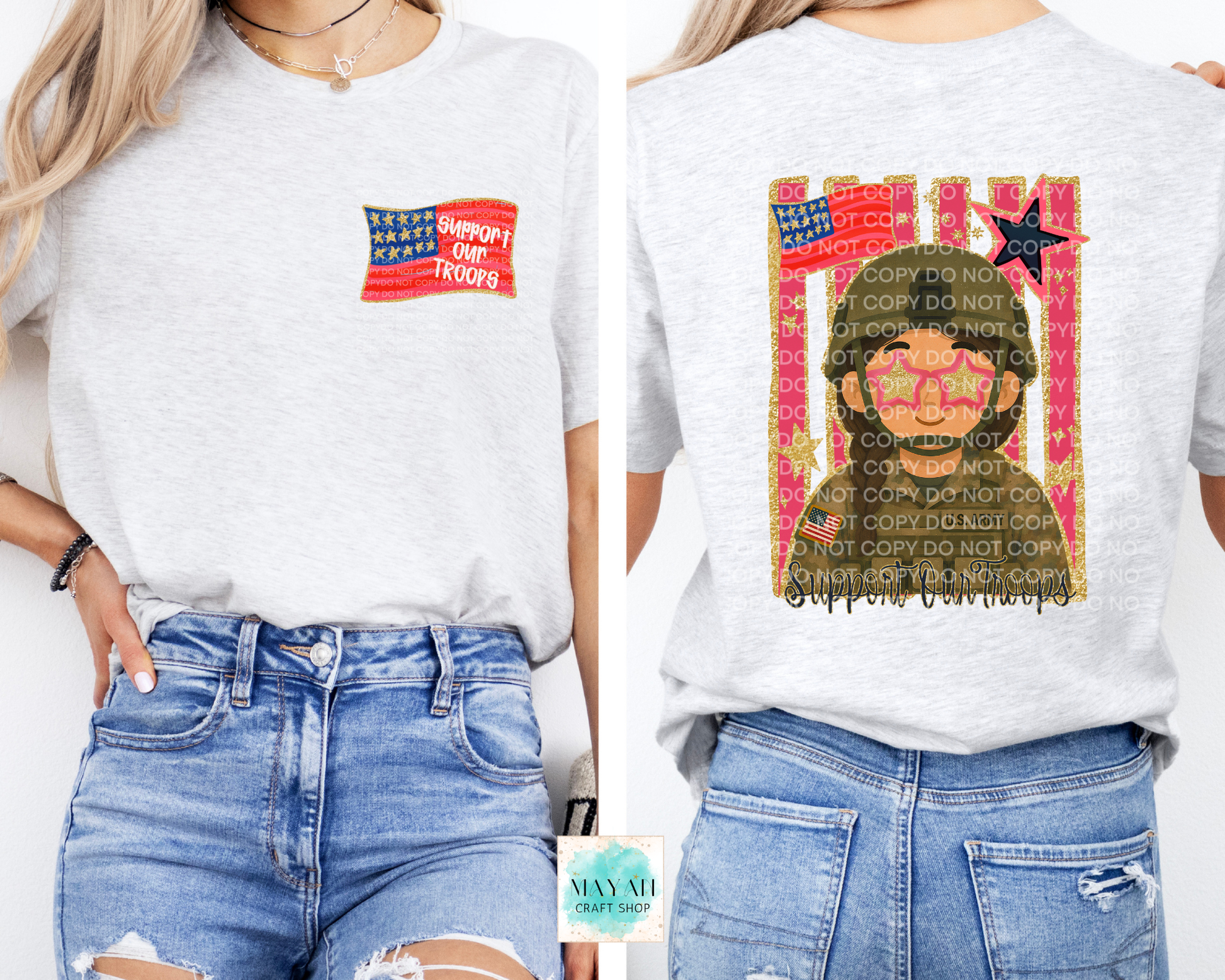Two views of an ash grey t-shirt with graphic designs on a plain background