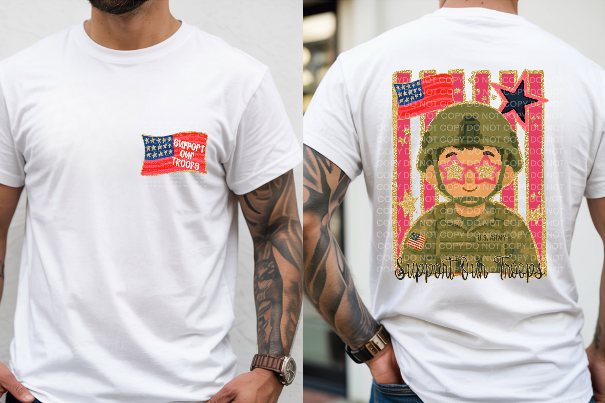 A white short-sleeve T-shirt shown on a model from both the front and back. The front has a small red, white, and blue American flag graphic with the words 'Support Our Troops' in yellow.