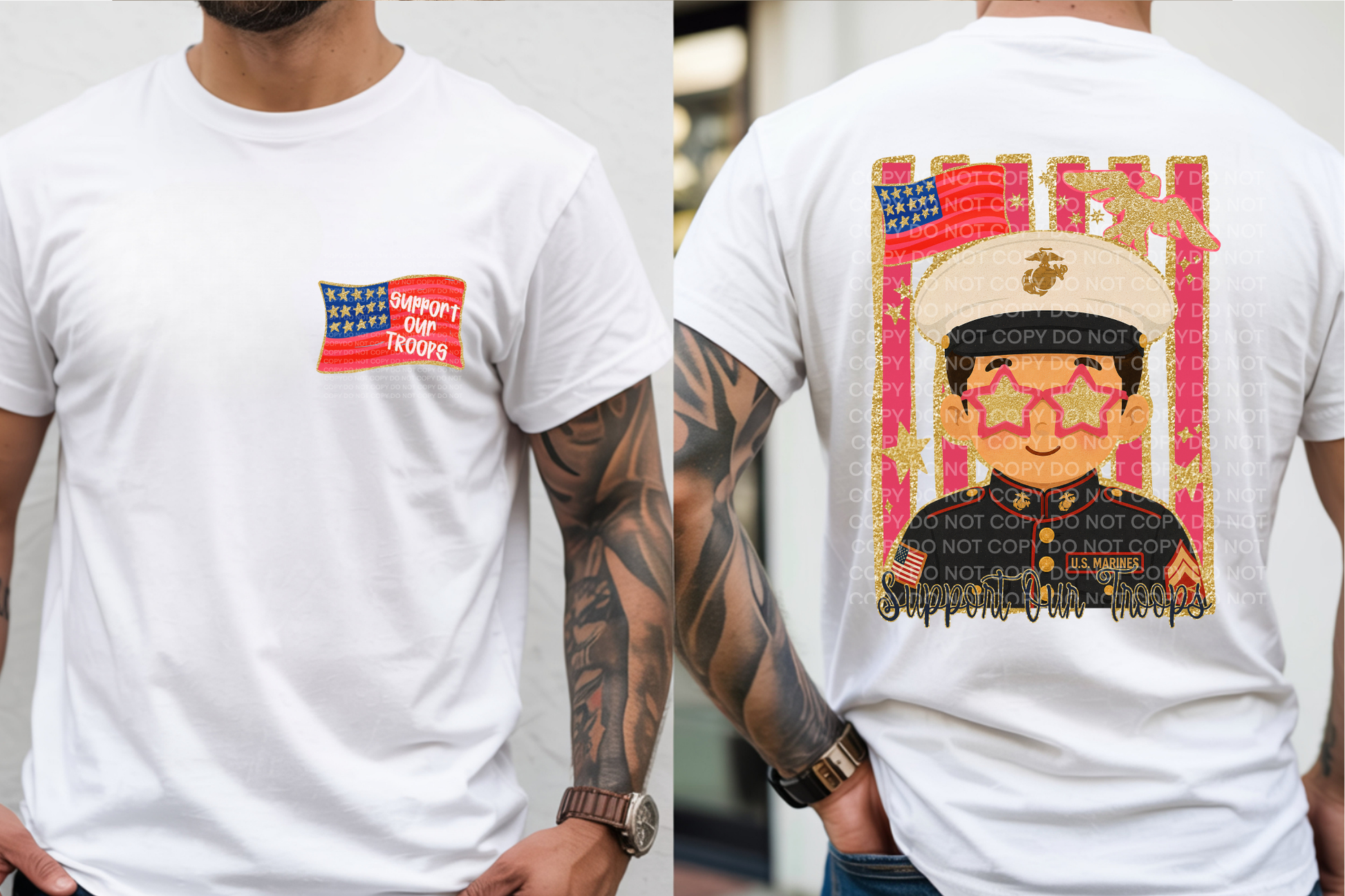 A white short-sleeve T-shirt shown on a model from both the front and back. The front has a small red, white, and blue flag-style patch on the left chest.