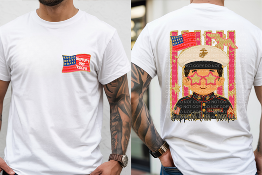 A white short-sleeve T-shirt shown on a model from both the front and back. The front has a small red, white, and blue flag-style patch on the left chest.