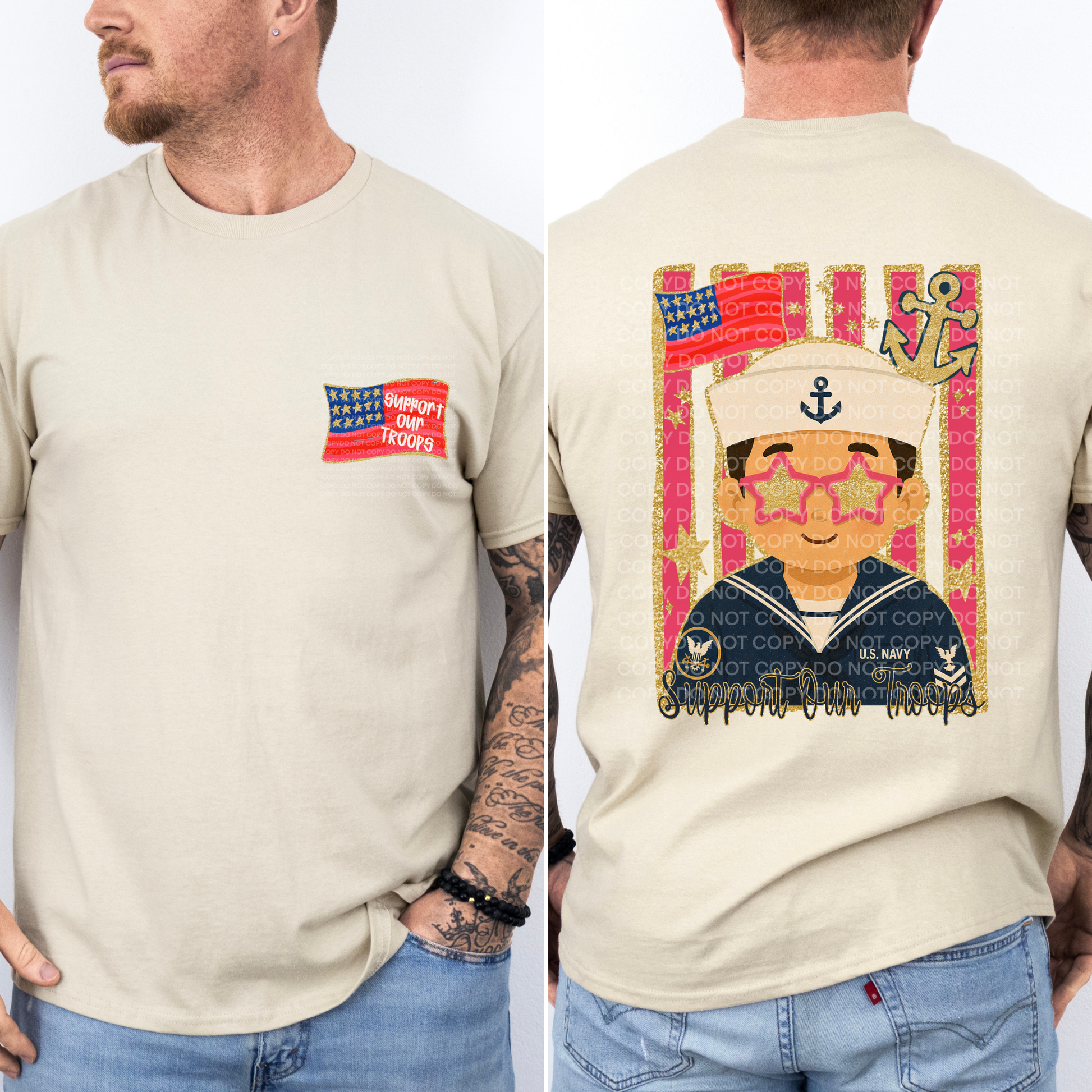 Beige t-shirt with front and back designs, including a flag and a cartoon sailor character.