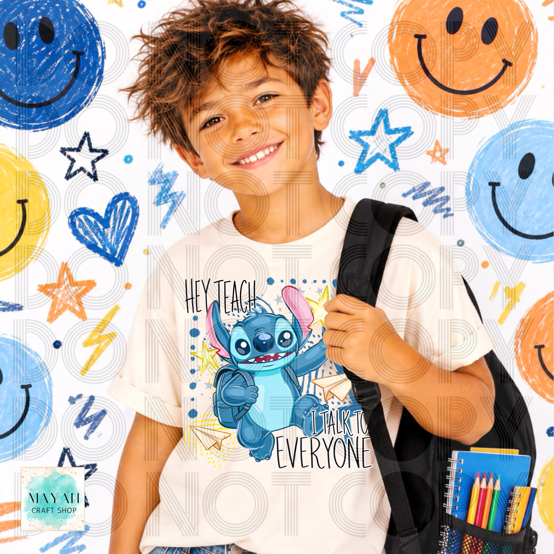 A smiling boy wearing a white graphic T-shirt with a blue cartoon character and the words 'HEY TEACH I'D LIKE TO TEACH EVERYONE' on the front, holding a black backpack. The background is white with colorful faces, stars, and scribbles.