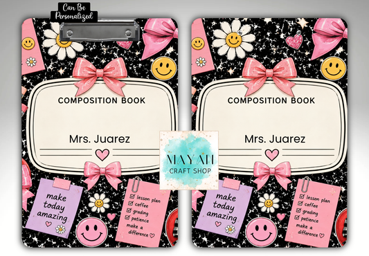 Two matching clipboards displayed side by side on a black background, decorated with pink bows, white daisies with yellow smiley faces, pink hearts, and pastel sticky notes. 