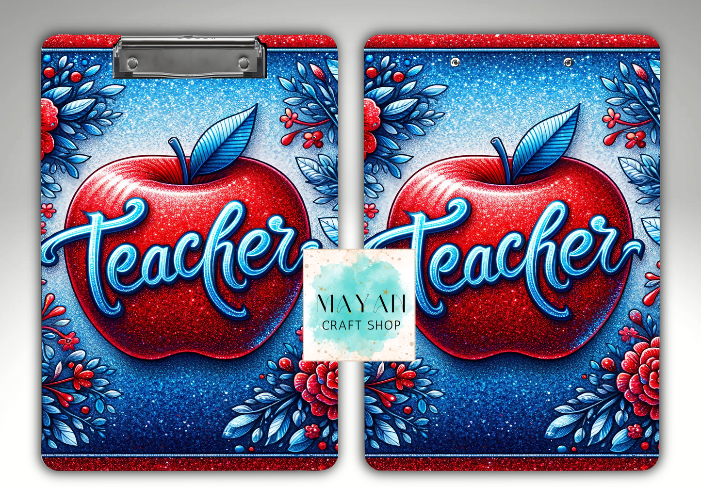 A clipboard cover design featuring two identical red glittery apples with blue leaves and the word 'Teacher' in blue script over a blue glittery background with floral details. 