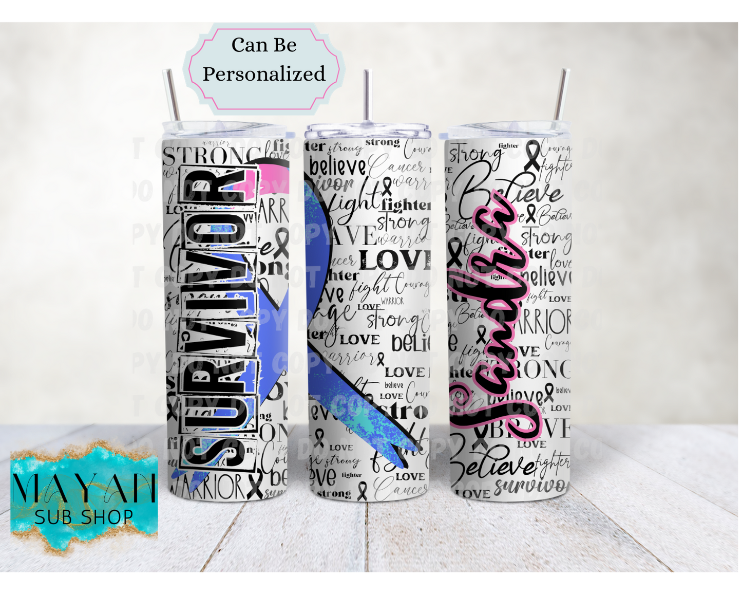 Teal/Pink/Blue Cancer Survivor Ribbon 20 oz. Skinny Tumbler - Mayan Sub Shop