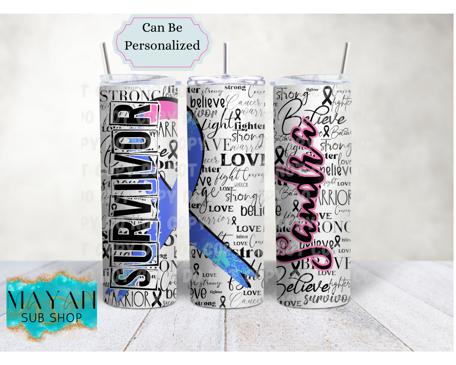 Teal/Pink/Blue Cancer Survivor Ribbon 20 oz. Skinny Tumbler - Mayan Sub Shop