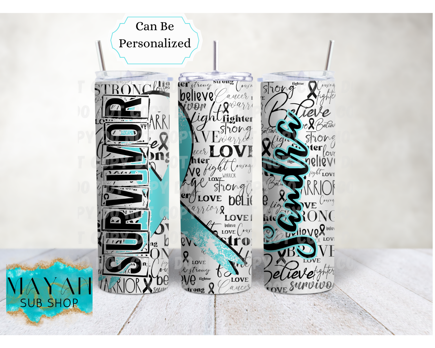 Teal/White Cancer Survivor Ribbon 20 oz. Skinny Tumbler - Mayan Sub Shop