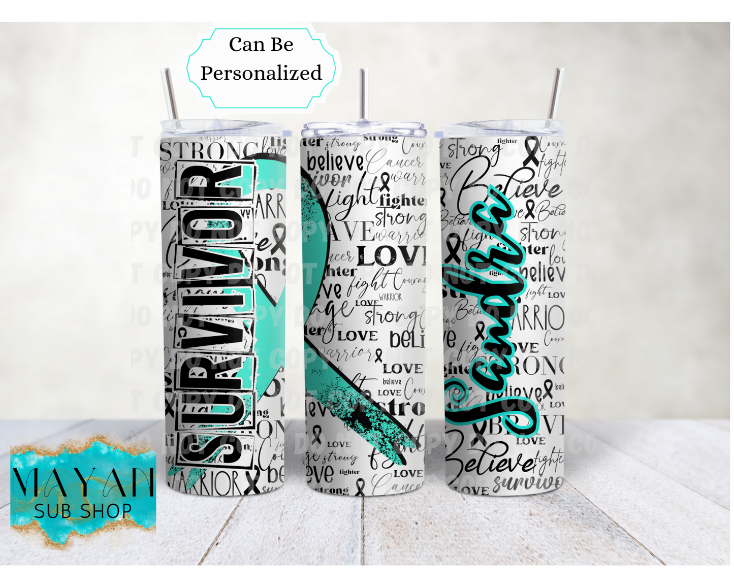 Teal Cancer Survivor Ribbon 20 oz. Skinny Tumbler - Mayan Sub Shop