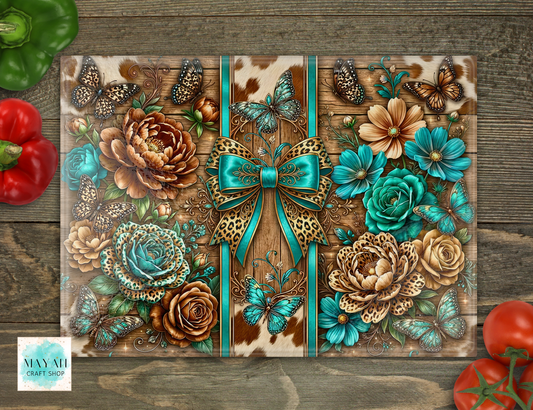 Teal Coquette Cowprint Cutting Board - Mayan Craft Shop