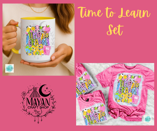 A collage promoting a 'Time to Learn Set' by Mayan Craft Shop, featuring a white ceramic mug with a colorful 'Time to Learn' graphic held by a person, and two pink children's t-shirts and a matching bodysuit with the same graphic on a pink background.