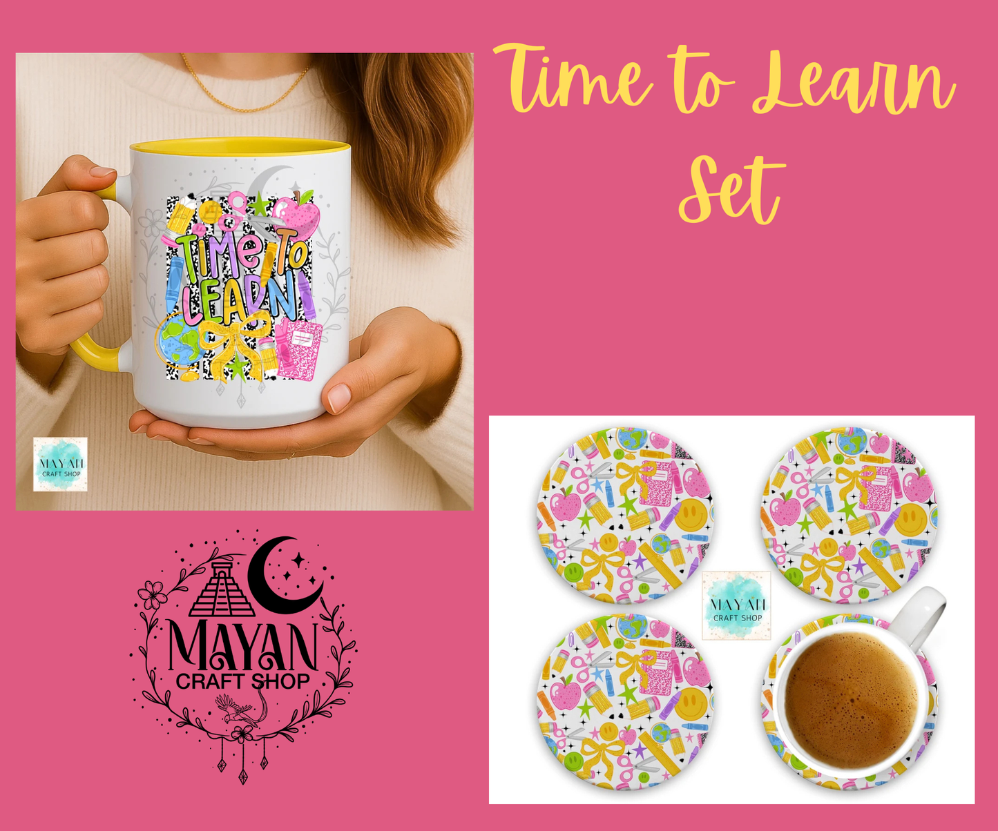A promotional collage for a mug set. On the left, a person holds a white ceramic mug with a yellow interior and handle, featuring a colorful retro-style graphic that reads 'TIME TO LEARN SET.