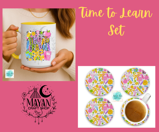 A promotional collage for a mug set. On the left, a person holds a white ceramic mug with a yellow interior and handle, featuring a colorful retro-style graphic that reads 'TIME TO LEARN SET.