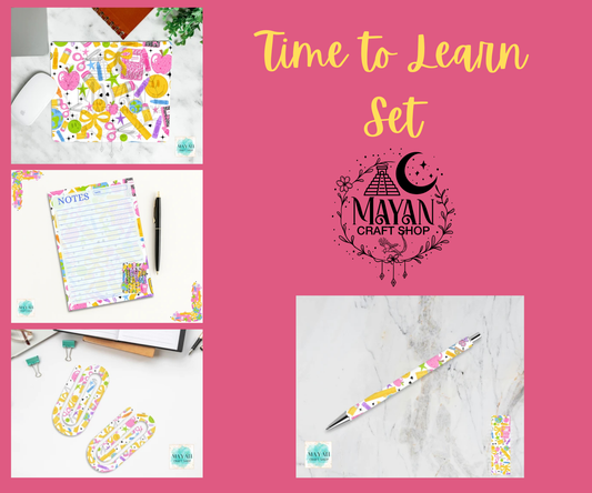 Promotional collage for a 'Time to Learn Set' by Mayan Craft Shop, featuring a pink background with yellow text and four smaller product photos showing patterned notepad sheets, lined notes paper, two oval sticky notes, and a patterned pen.